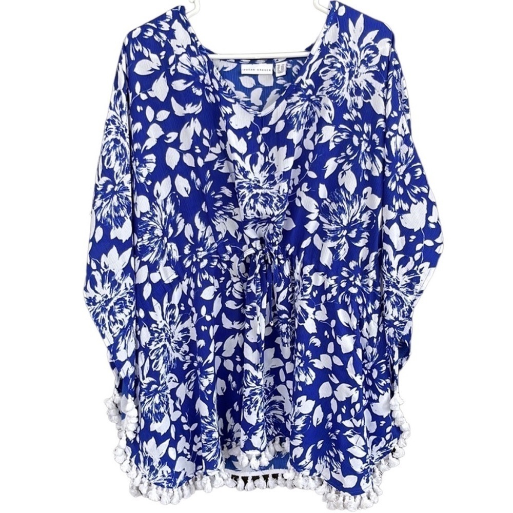 EUC Susan Graver Pom Pom Trimmed Top / Cover Up